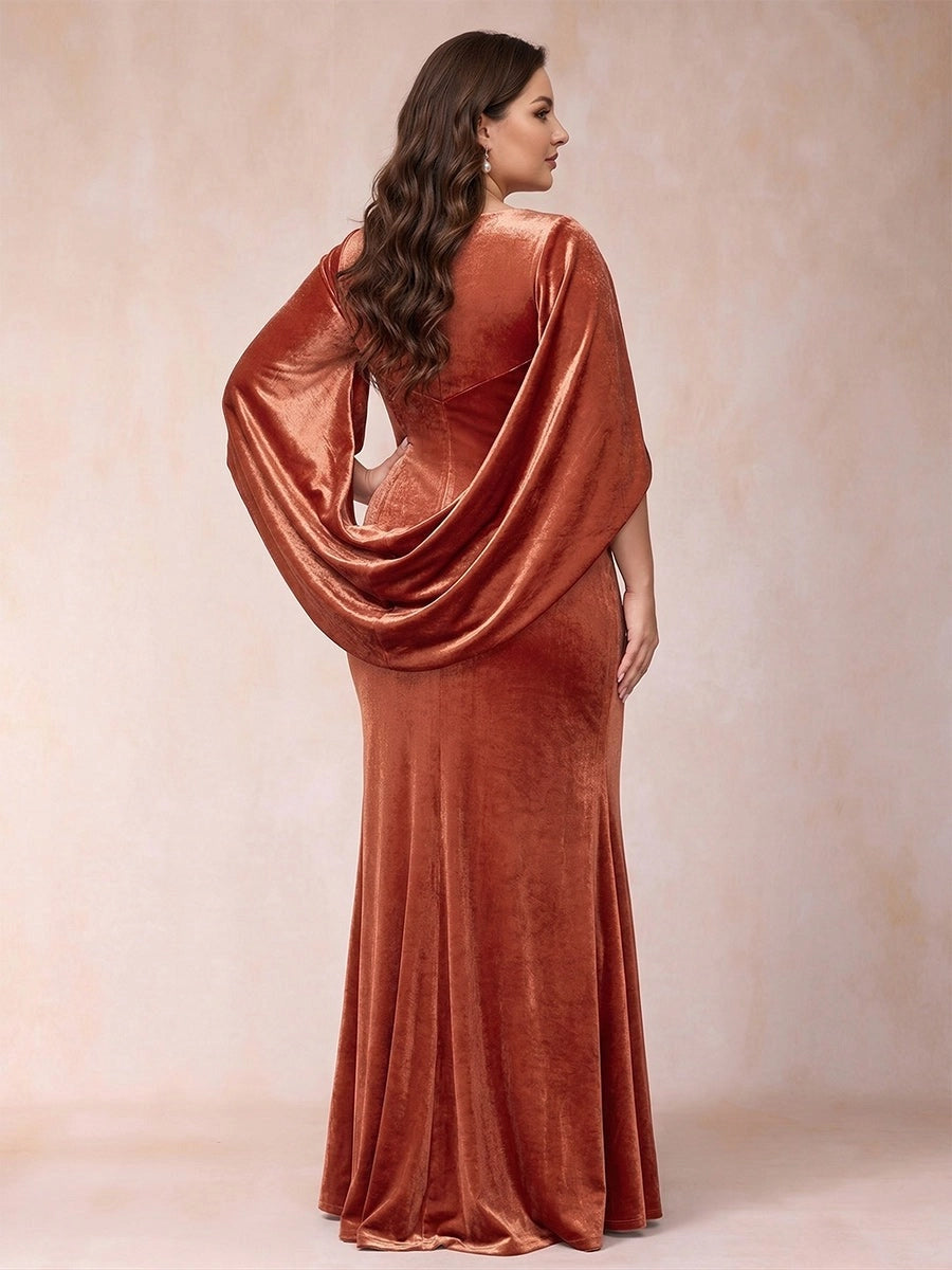 Elegant Plus Size Velvet Sheath V-Neck Cape-Sleeve Zipper-Back Floor-Length Evening Dress