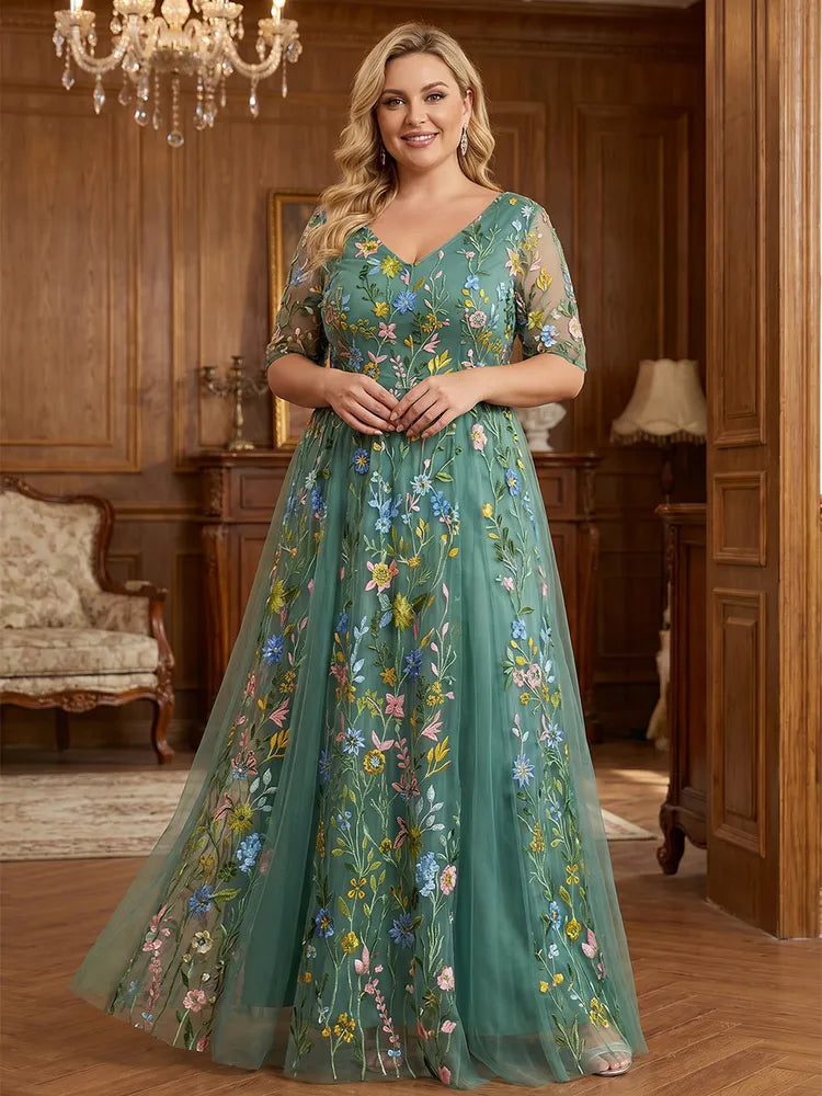 Loverlm plus size sage green Mother of the Bride dress with V-neck floral embroidery sheer sleeves and floor-length A-line tulle skirt
