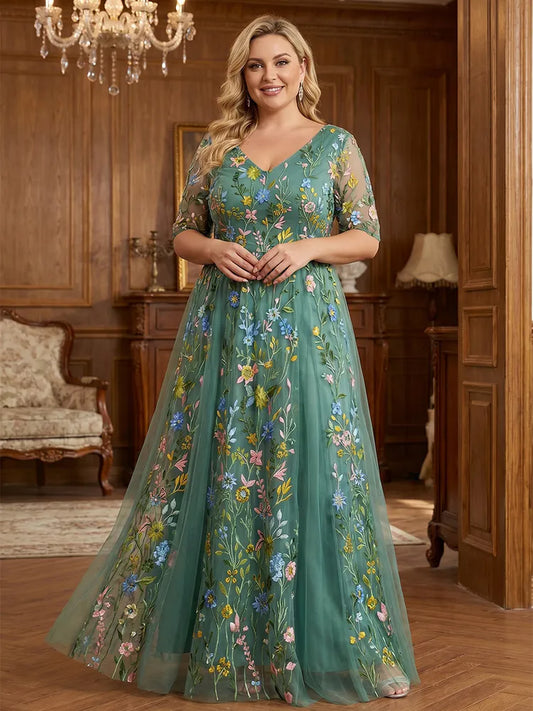 Loverlm plus size sage green Mother of the Bride dress with V-neck floral embroidery sheer sleeves and floor-length A-line tulle skirt