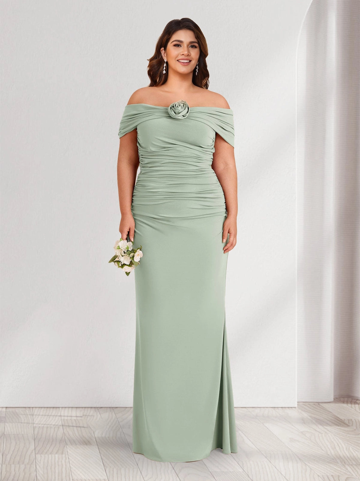 Loverlm sage green plus size jersey off-shoulder rosette ruched evening dress front view