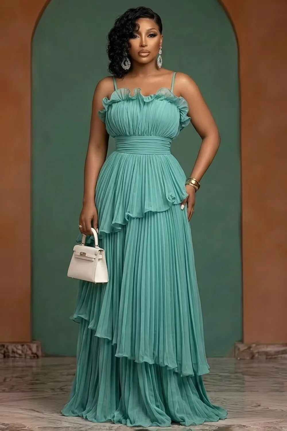 Loverlm plus size sage green evening dress with ruffle neckline ruched waist and layered pleated floor-length A-line skirt