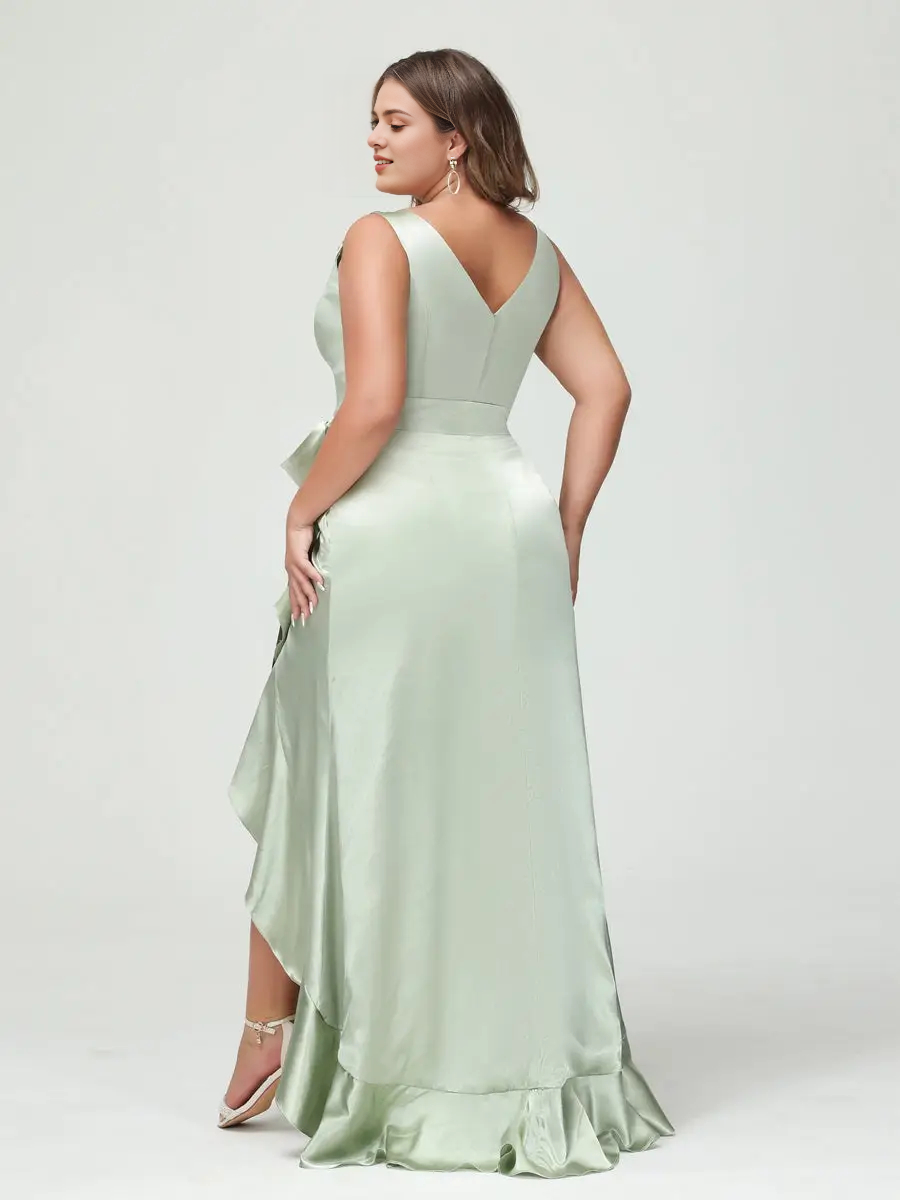 Elegant Plus Size A-Line V-Neck Sleeveless V-Back Satin Wedding Guest Dress