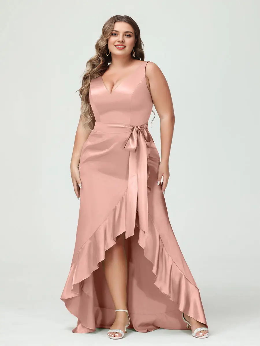 Elegant Plus Size A-Line V-Neck Sleeveless V-Back Satin Wedding Guest Dress