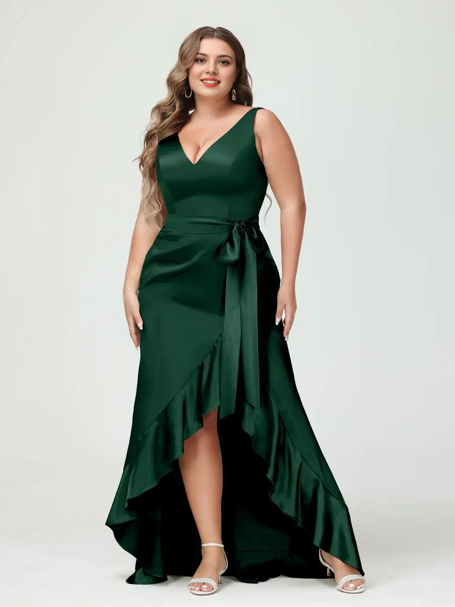 Elegant Plus Size A-Line V-Neck Sleeveless V-Back Satin Wedding Guest Dress