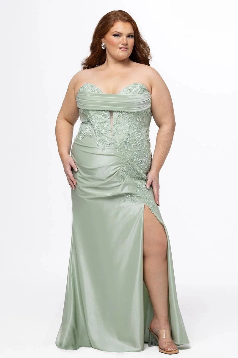 Plus size sage green satin prom dress with strapless sweetheart neckline, floral lace corset bodice, draped bust detail, ruched waist, and thigh-high slit