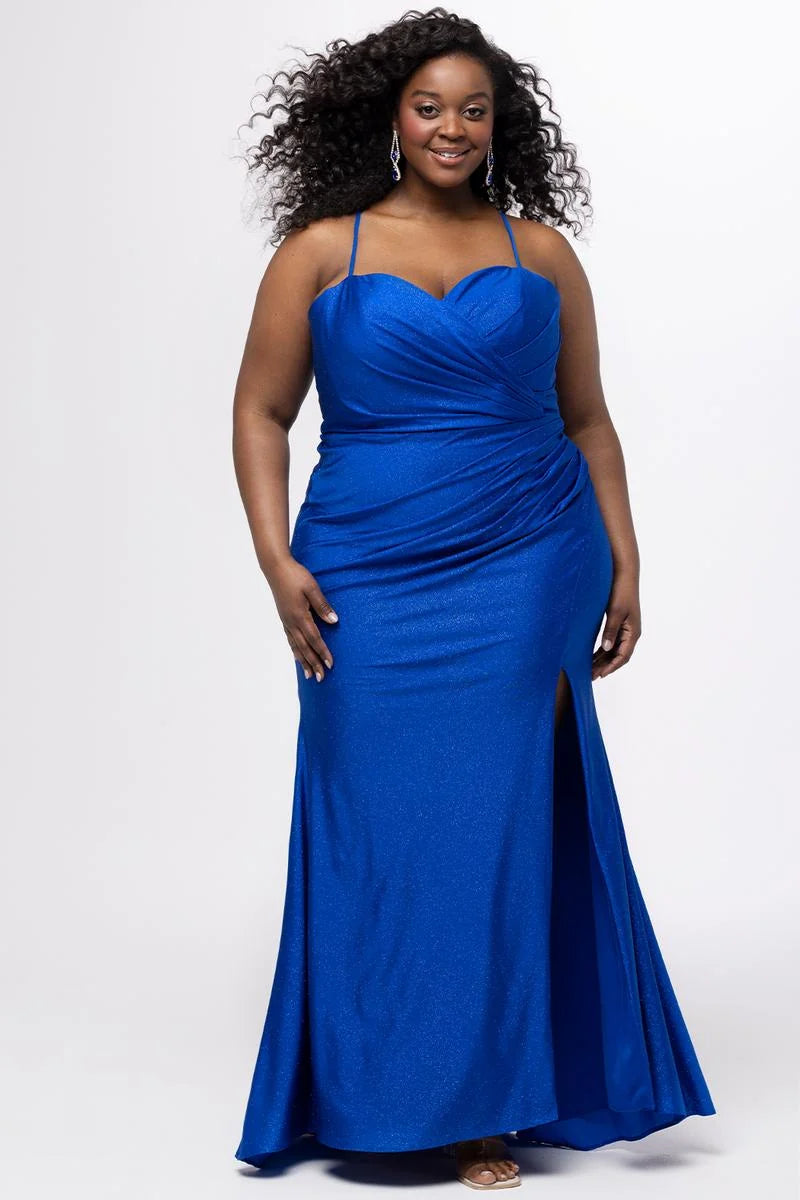 Plus size sapphire blue glitter mermaid prom dress with sweetheart neckline, spaghetti straps, asymmetrical waist ruching, thigh-high slit, and floor-length skirt