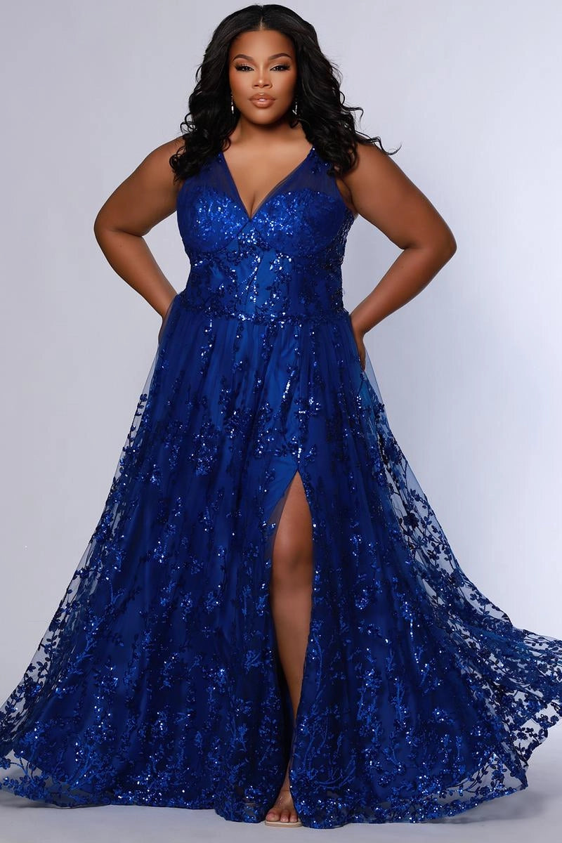 Plus size sapphire blue sequin tulle A-line prom dress with V-neckline, floral embroidered bodice, wide shoulder straps, front slit, and floor-length skirt