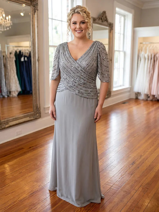 Loverlm plus size silver gray Mother of the Bride dress with V-neck sequin bodice half sleeves and chiffon skirt