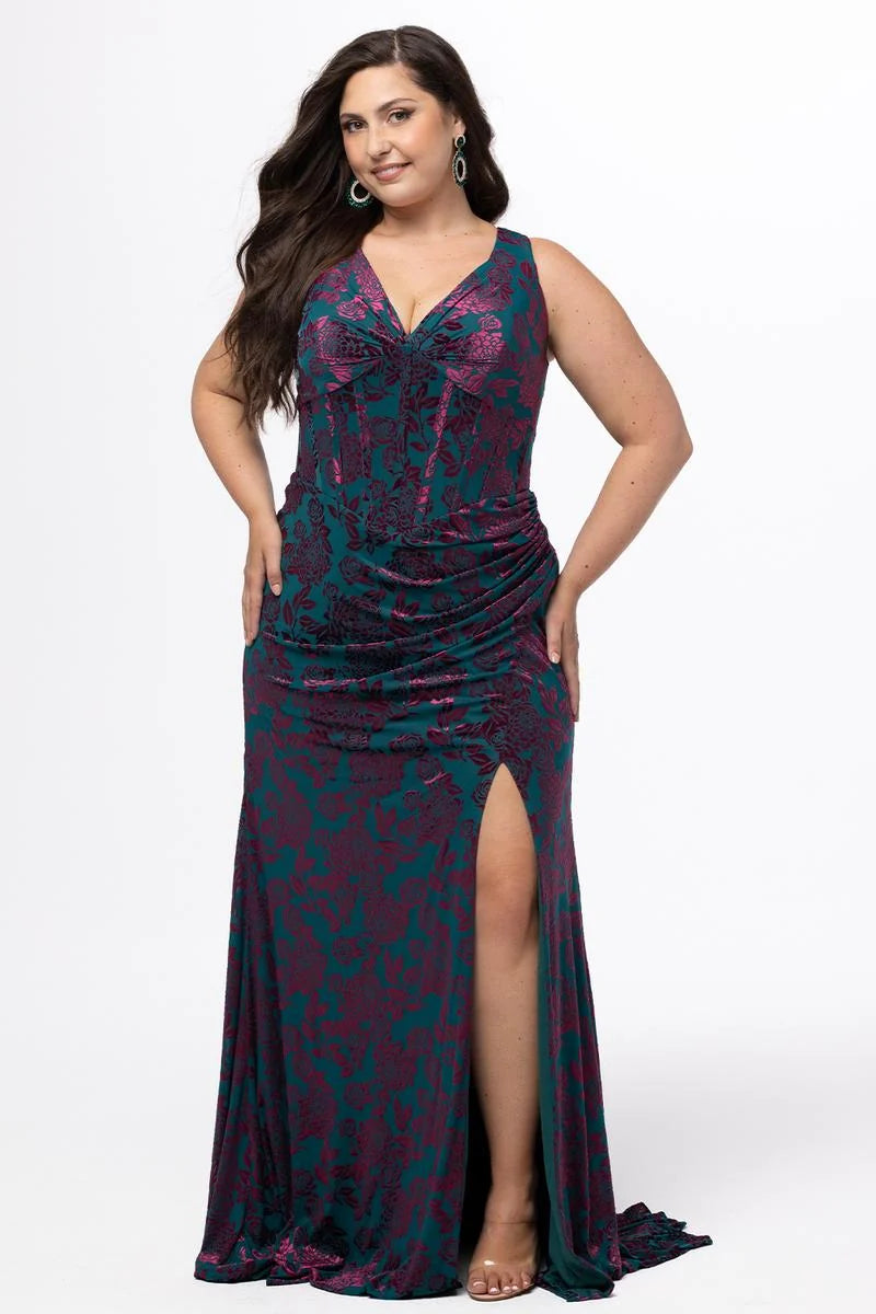Plus size wildberry floral velvet prom dress with teal green and burgundy rose pattern, V-neckline, sleeveless bodice, ruched waist, thigh-high slit, and sweep train