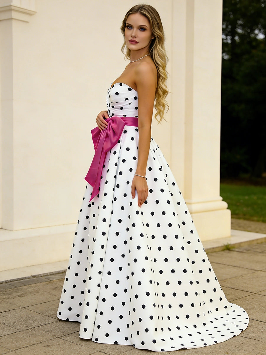 Playful Satin Ball-Gown Sweetheart Strapless Zipper-Back Bow Floor-Length Prom Dress