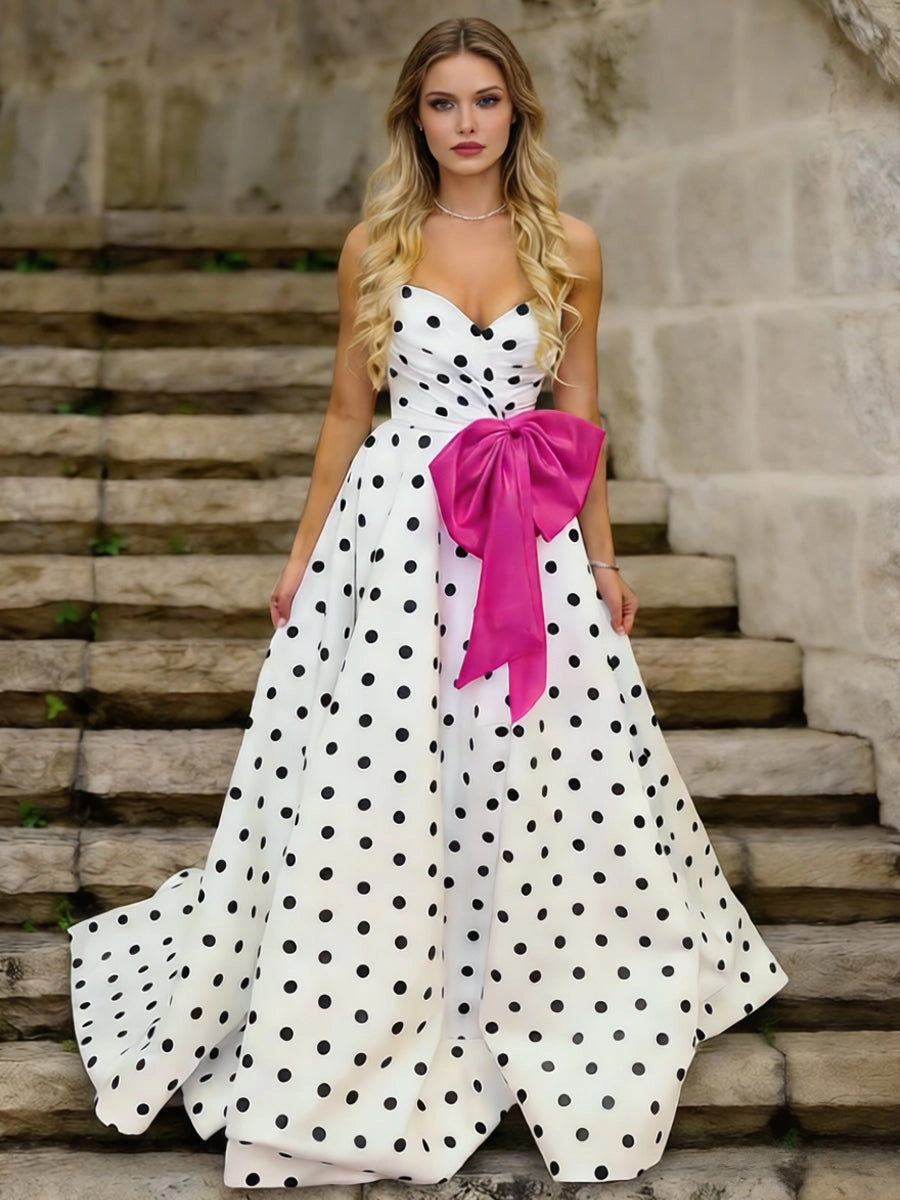 Playful Satin Ball-Gown Sweetheart Strapless Zipper-Back Bow Floor-Length Prom Dress