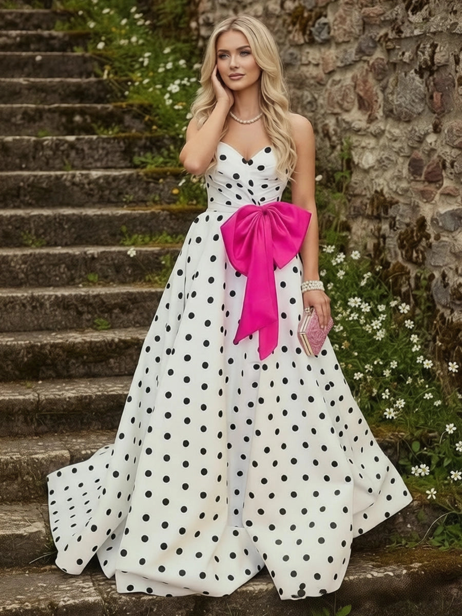 Playful Satin Ball-Gown Sweetheart Strapless Zipper-Back Bow Floor-Length Prom Dress