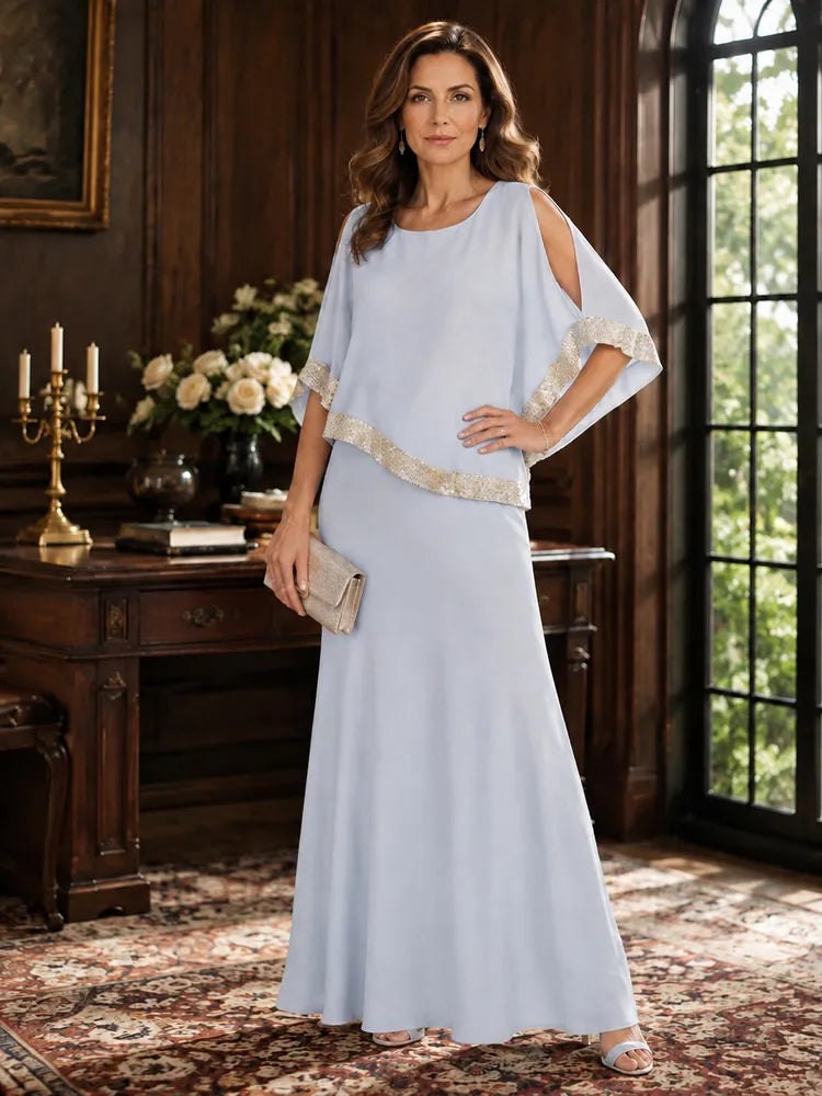 Loverlm powder blue Mother of the Bride dress with round neck cold-shoulder cape sleeves sparkling trim and floor-length A-line skirt
