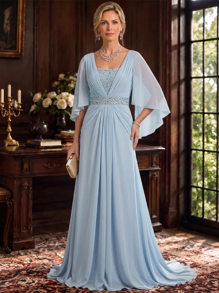Loverlm powder blue Mother of the Bride dress with square neckline cape sleeves beaded bodice waistband and floor-length A-line chiffon skirt