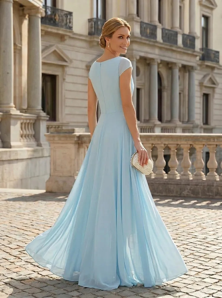 Elegant A-Line V-Neck Cap-Sleeve Chiffon Floor-Length Mother of the Bride Dress