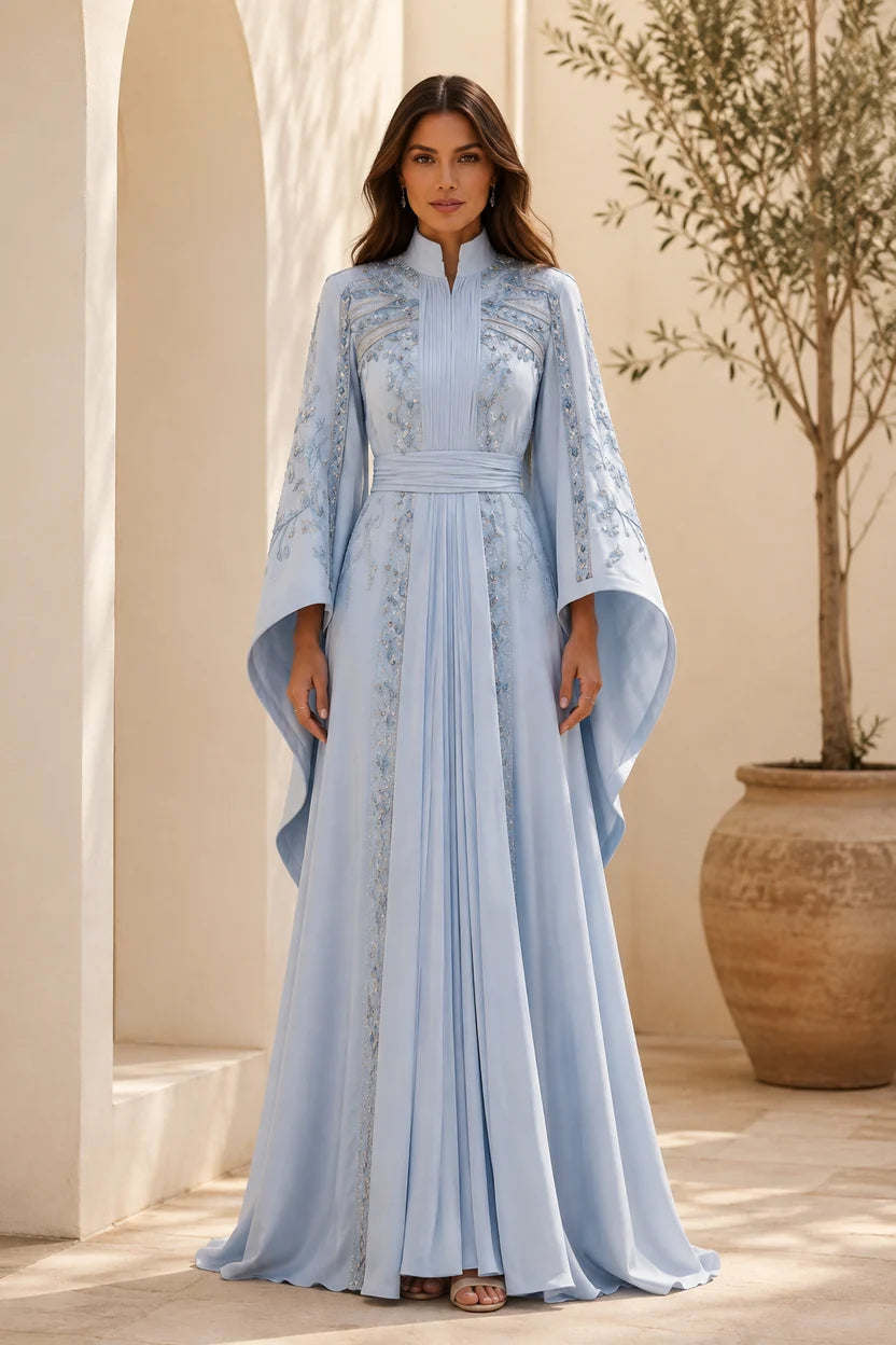 Elegant A-Line Mandarin Neck Draped Sleeve Chiffon Mother of the Bride Dress