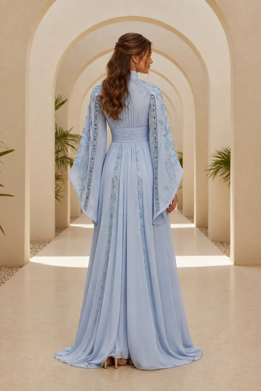 Elegant A-Line Mandarin Neck Draped Sleeve Chiffon Mother of the Bride Dress
