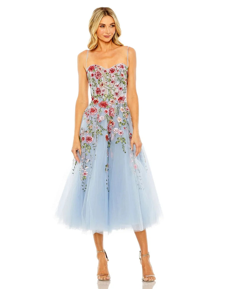 Loverlm powder blue floral embroidered wedding guest dress with spaghetti straps and A-line tulle midi skirt
