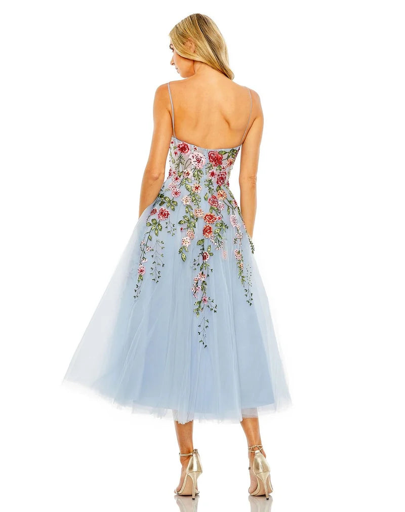 Romantic A-Line Sweetheart Spaghetti Strap Zip-Back Midi Wedding Guest Dress