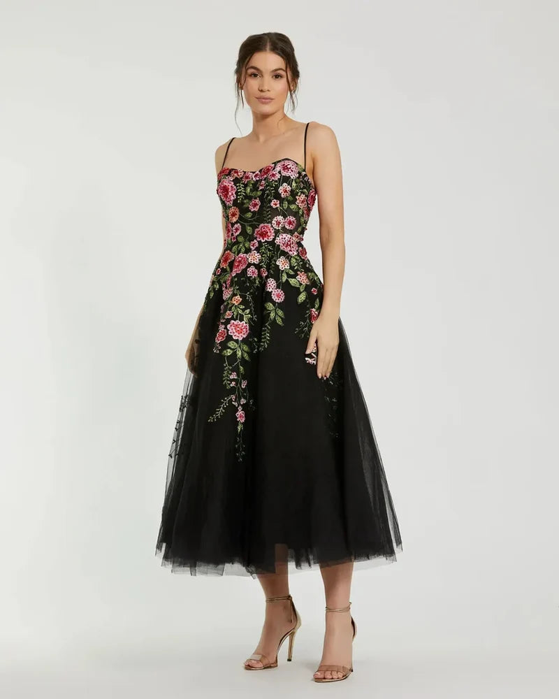 Romantic A-Line Sweetheart Spaghetti Strap Zip-Back Midi Wedding Guest Dress