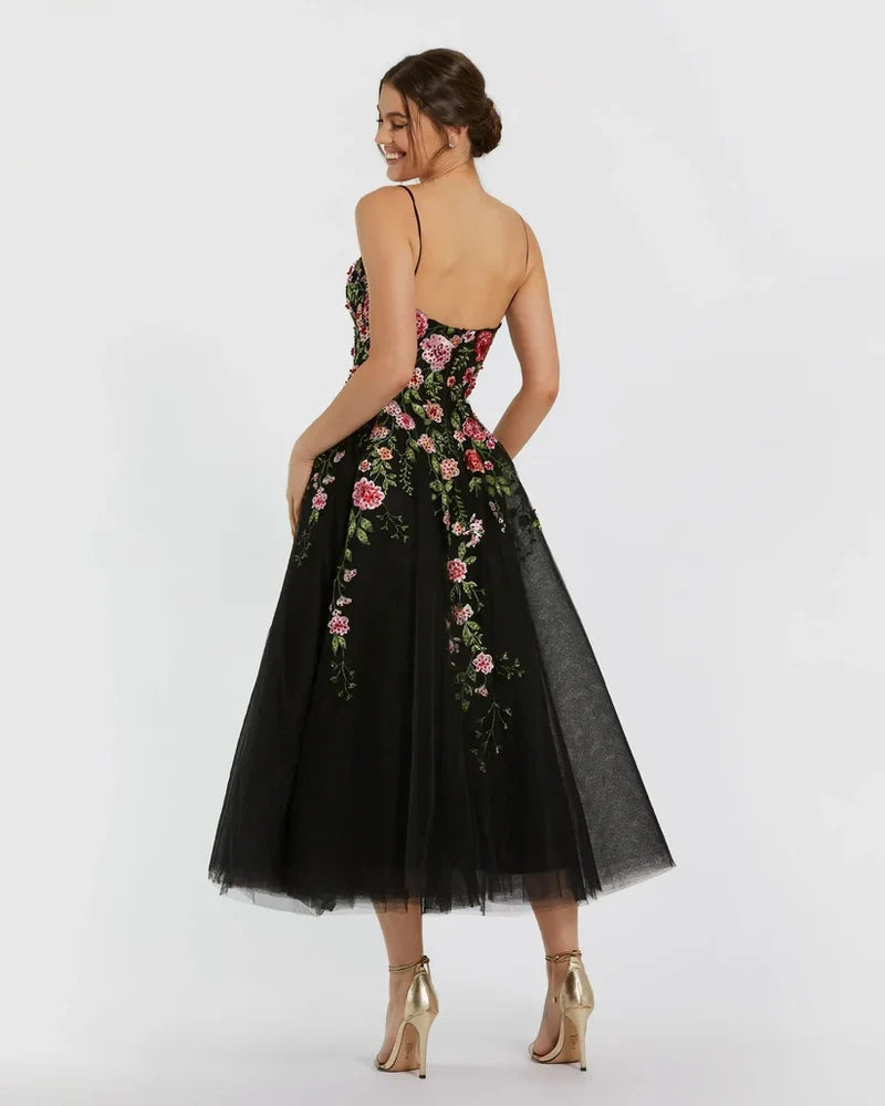 Romantic A-Line Sweetheart Spaghetti Strap Zip-Back Midi Wedding Guest Dress
