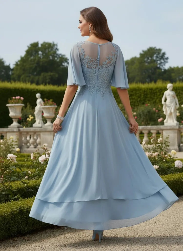Elegant A-Line Illusion-Neck Flutter-Sleeve Lace High-Low Mother of the Bride Dress