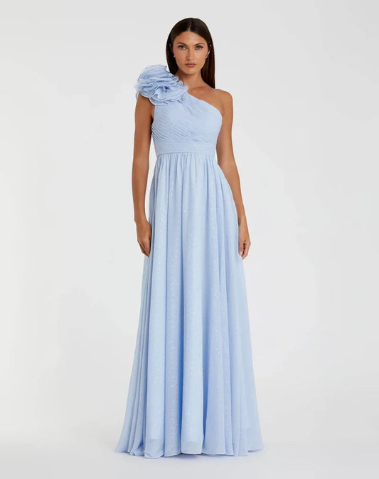 Loverlm powder blue one-shoulder floral A-line floor-length bridesmaid dress front view