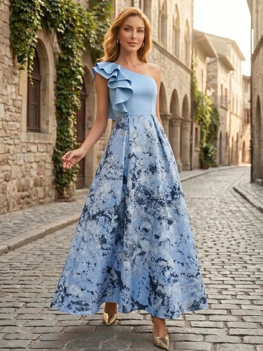 Loverlm powder blue Mother of the Bride dress with one-shoulder ruffle bodice abstract printed full A-line maxi skirt