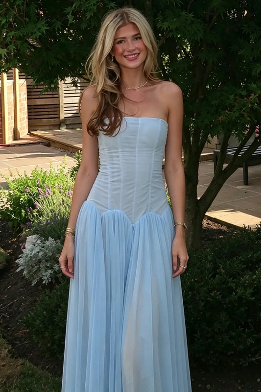 Loverlm powder blue strapless prom dress with straight neckline structured drop-waist bodice and flowing chiffon floor-length skirt
