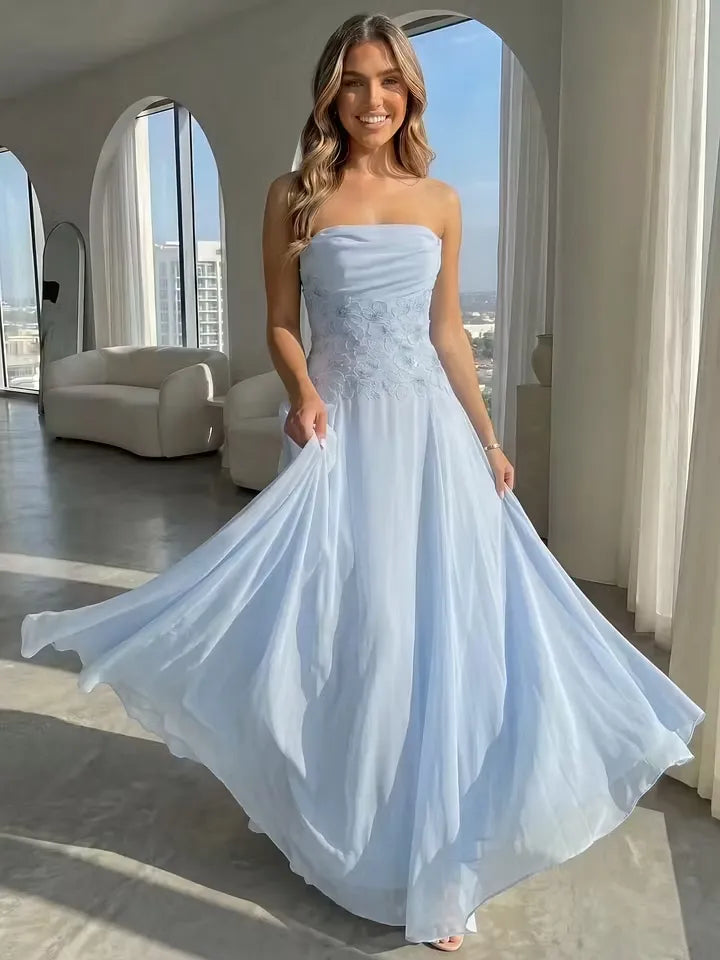 Loverlm powder blue bridesmaid dress with strapless neckline floral appliqué fitted bodice and flowing floor-length A-line skirt