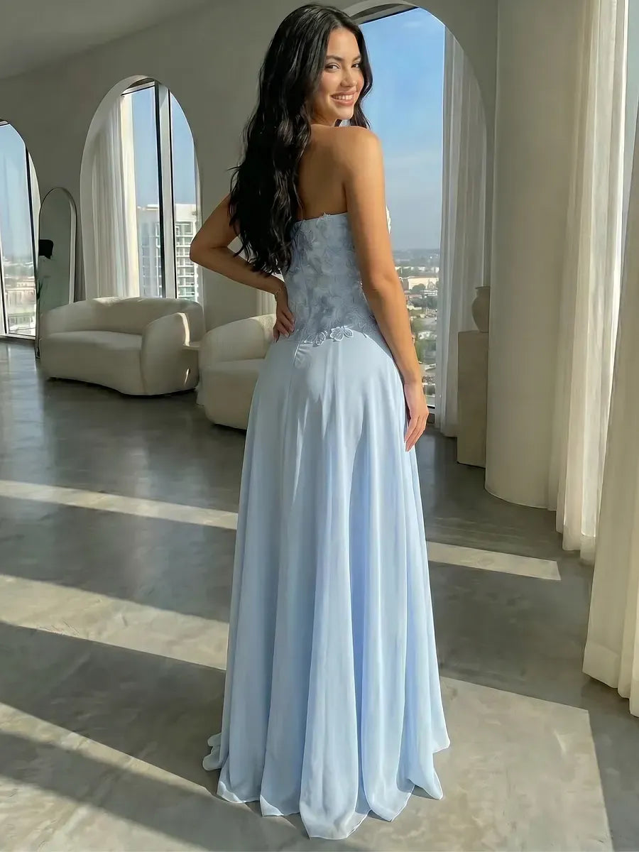 Elegant Blue A-Line Strapless Appliqué Back-Zip Floor-Length Wedding Guest Dress
