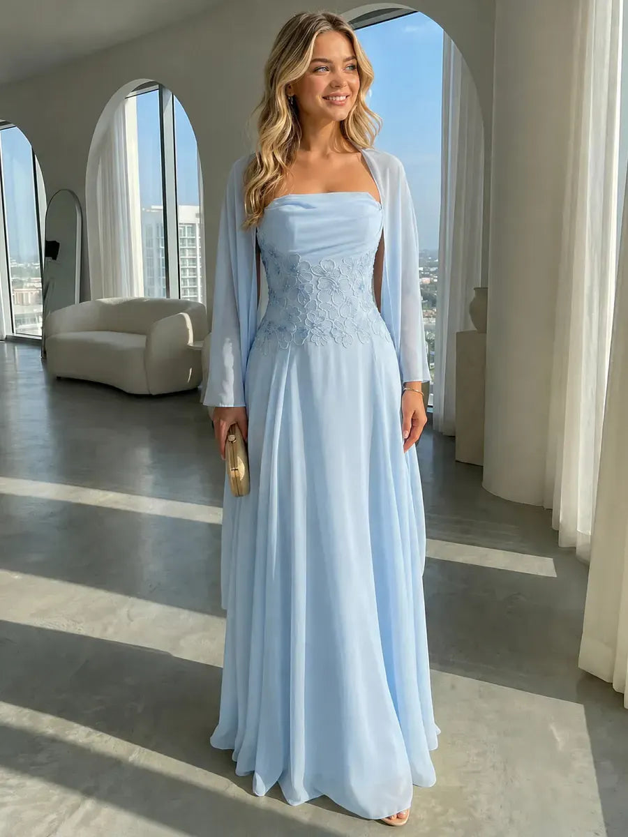 Elegant Blue A-Line Strapless Appliqué Back-Zip Floor-Length Wedding Guest Dress