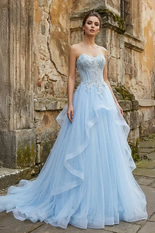 Loverlm Enchanting Powder Blue Tulle A-Line Sweetheart Strapless Lace-Up Long Prom Dress