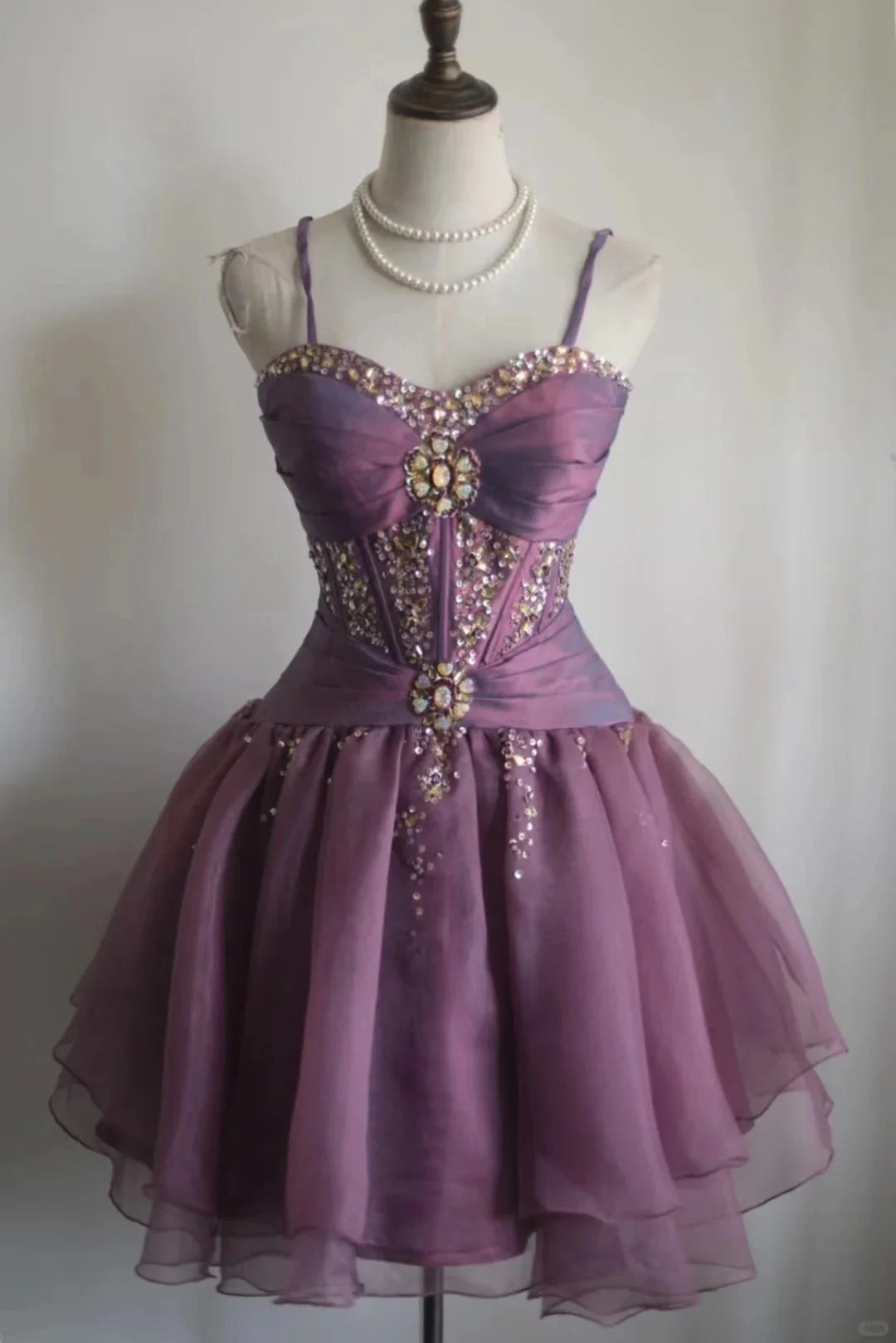 Loverlm purple beaded sweetheart spaghetti strap short homecoming dress front view