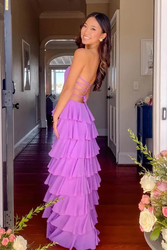 Gorgeous Purple A-Line Strapless Crisscross Lace-Up Back Ruffle Long Prom Dress