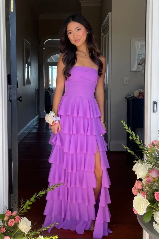 Front view of gorgeous purple chiffon A-line prom dress, strapless tiered ruffle gown with side slit by Loverlm