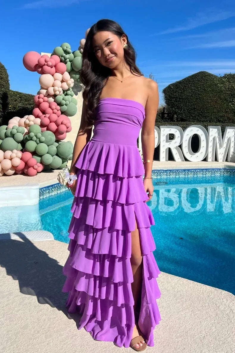 Gorgeous Purple A-Line Strapless Crisscross Lace-Up Back Ruffle Long Prom Dress
