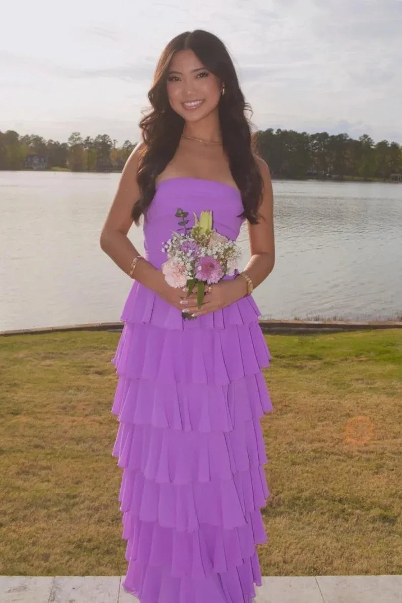 Gorgeous Purple A-Line Strapless Crisscross Lace-Up Back Ruffle Long Prom Dress