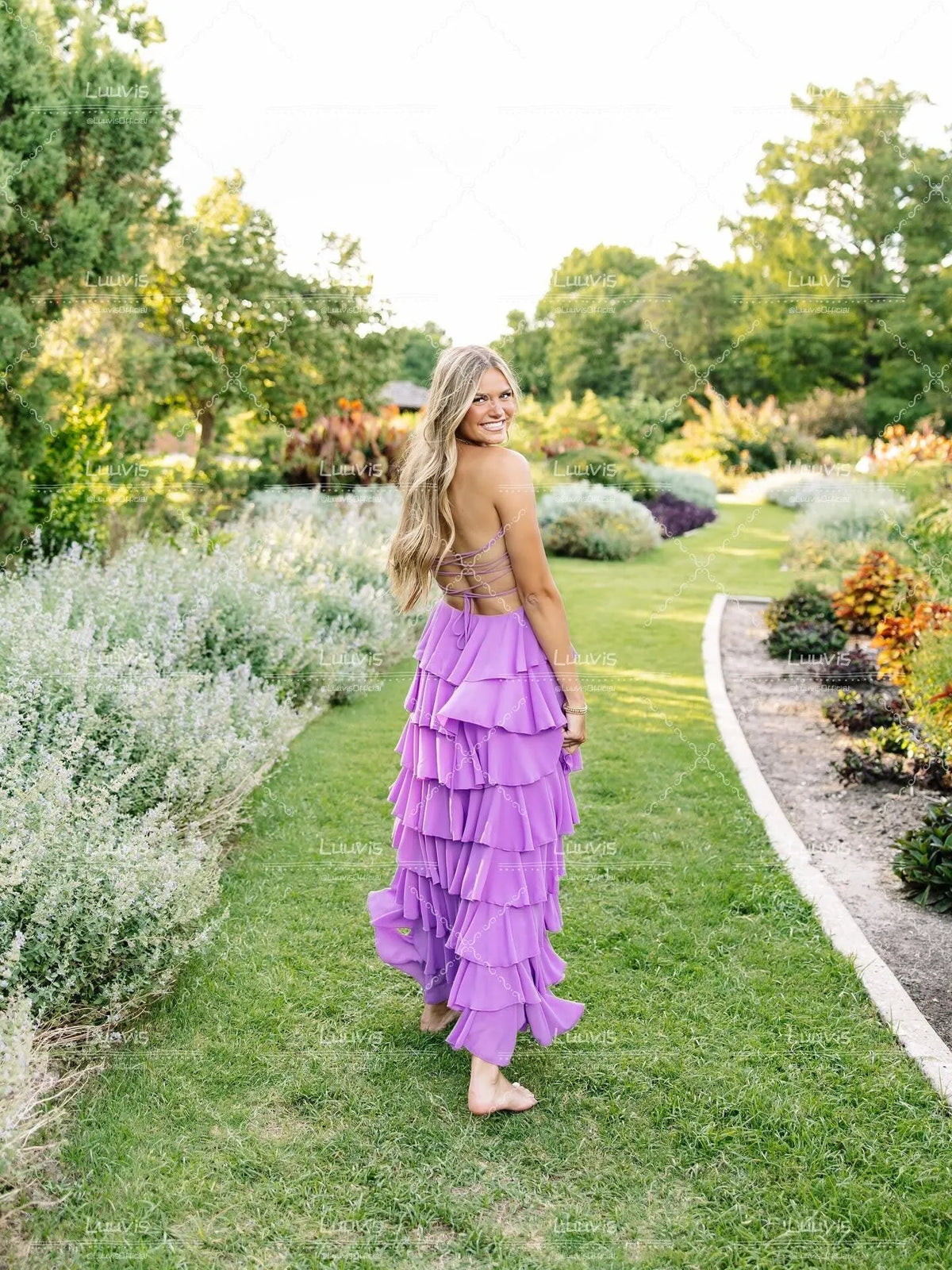 Gorgeous Purple A-Line Strapless Crisscross Lace-Up Back Ruffle Long Prom Dress