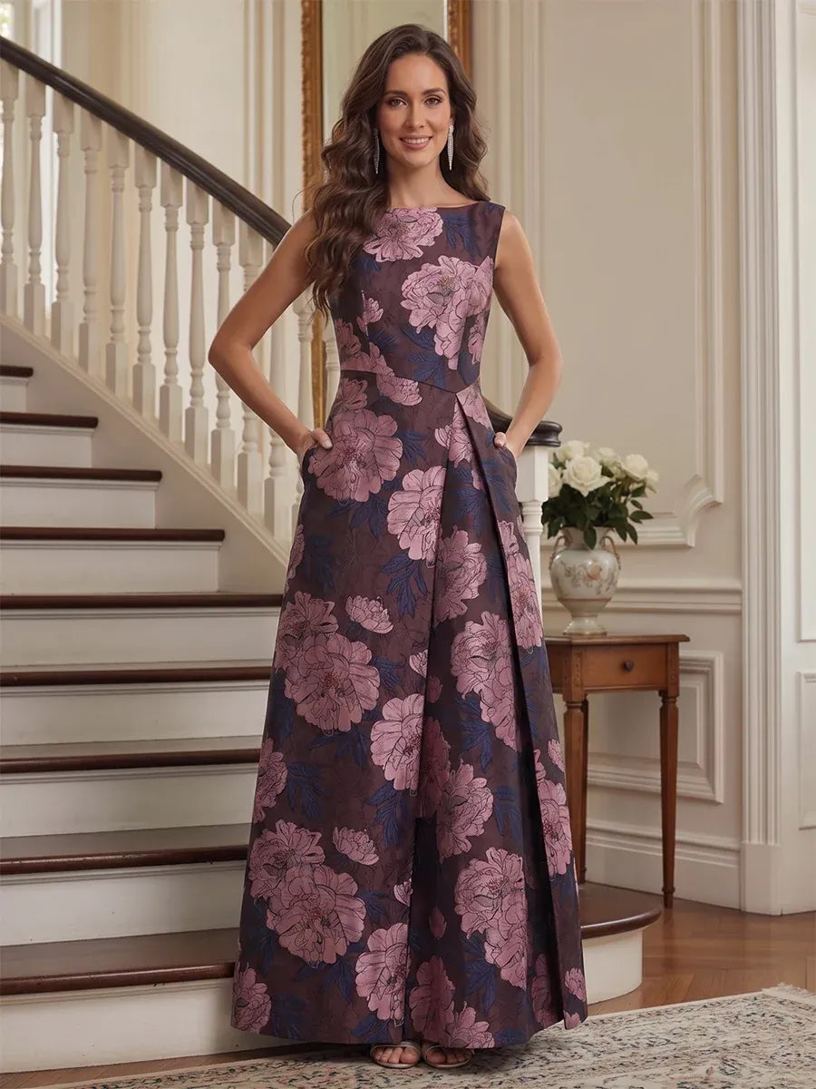 Loverlm purple floral Mother of the Bride dress with round neckline, sleeveless fitted bodice, side pockets and A-line floor-length skirt front view