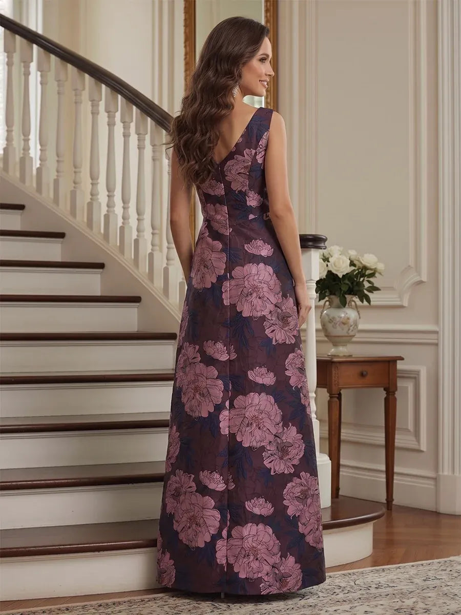 Elegant A-Line Round-Neck Sleeveless V-Back Floral Floor-Length Mother of the Bride Dress