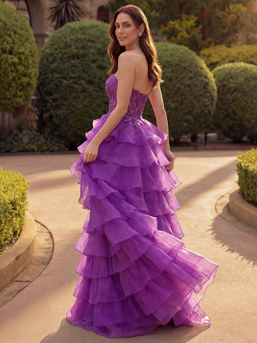 Romantic Lace Ball Gown Sweetheart Strapless Zip-Back Tiered Floor-Length Prom Dress