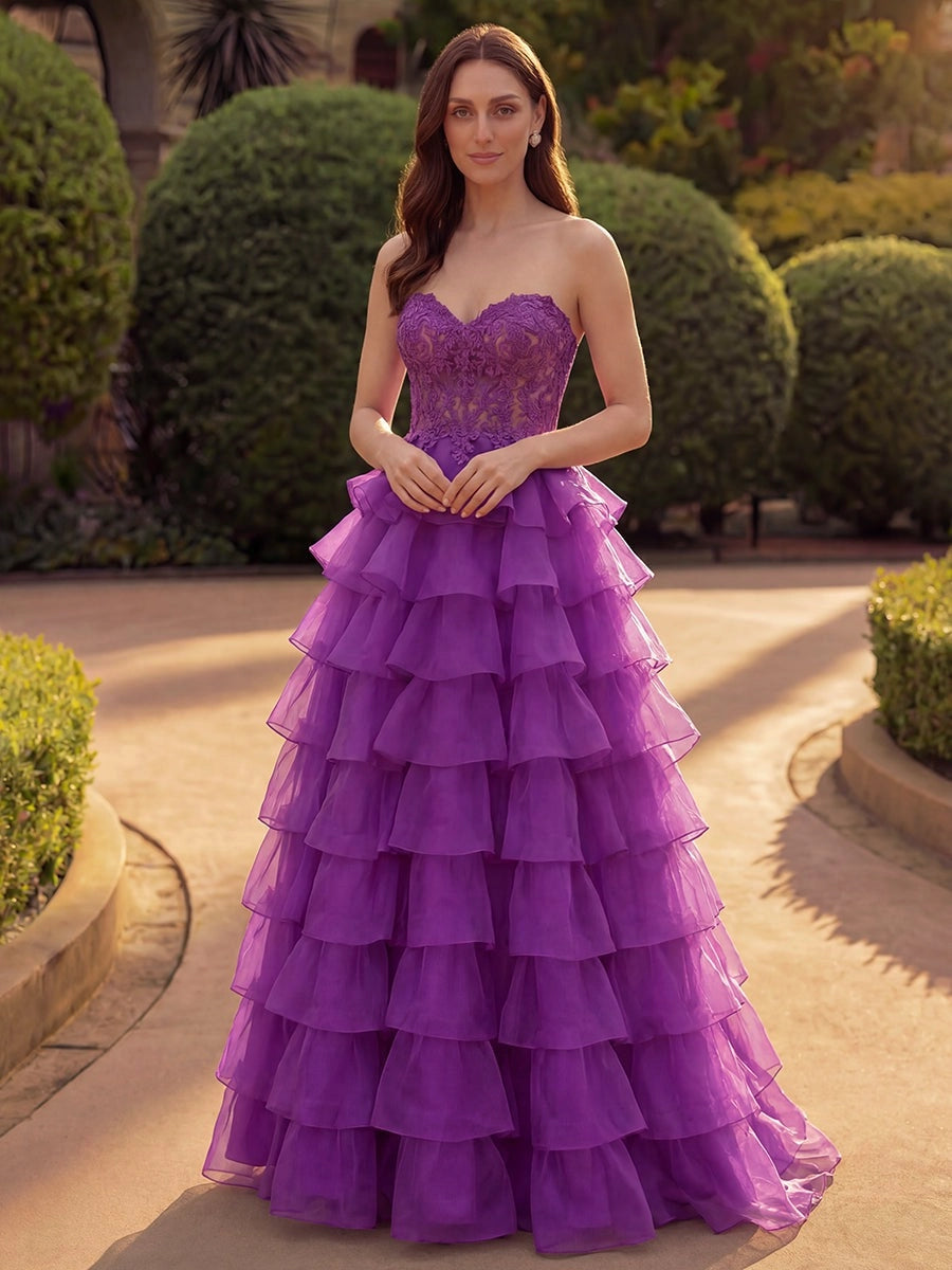 Romantic Lace Ball Gown Sweetheart Strapless Zip-Back Tiered Floor-Length Prom Dress