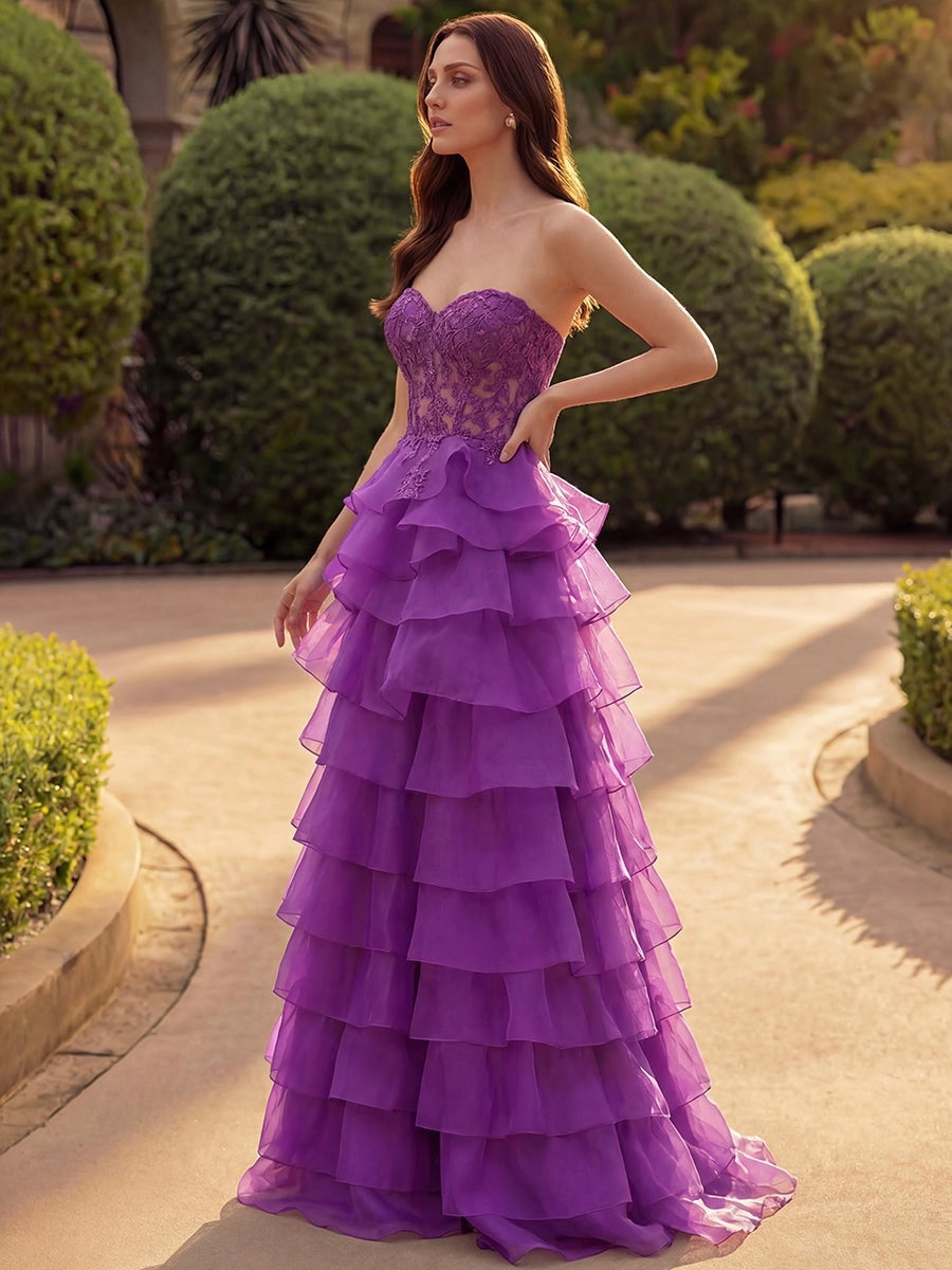 Romantic Lace Ball Gown Sweetheart Strapless Zip-Back Tiered Floor-Length Prom Dress