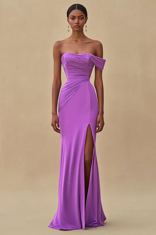Loverlm orchid purple mermaid prom dress with asymmetrical sweetheart neckline, one shoulder draped sleeve, ruched bodice and thigh high slit front view