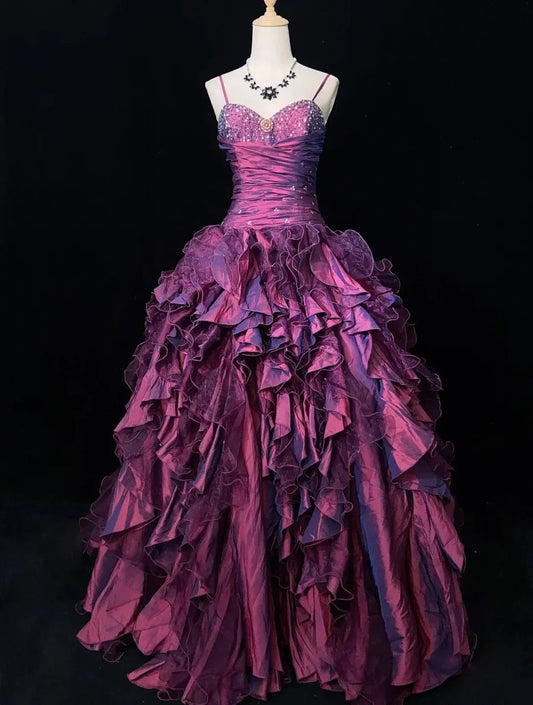 Loverlm purple sweetheart ruffle ball gown lace-up prom dress front
