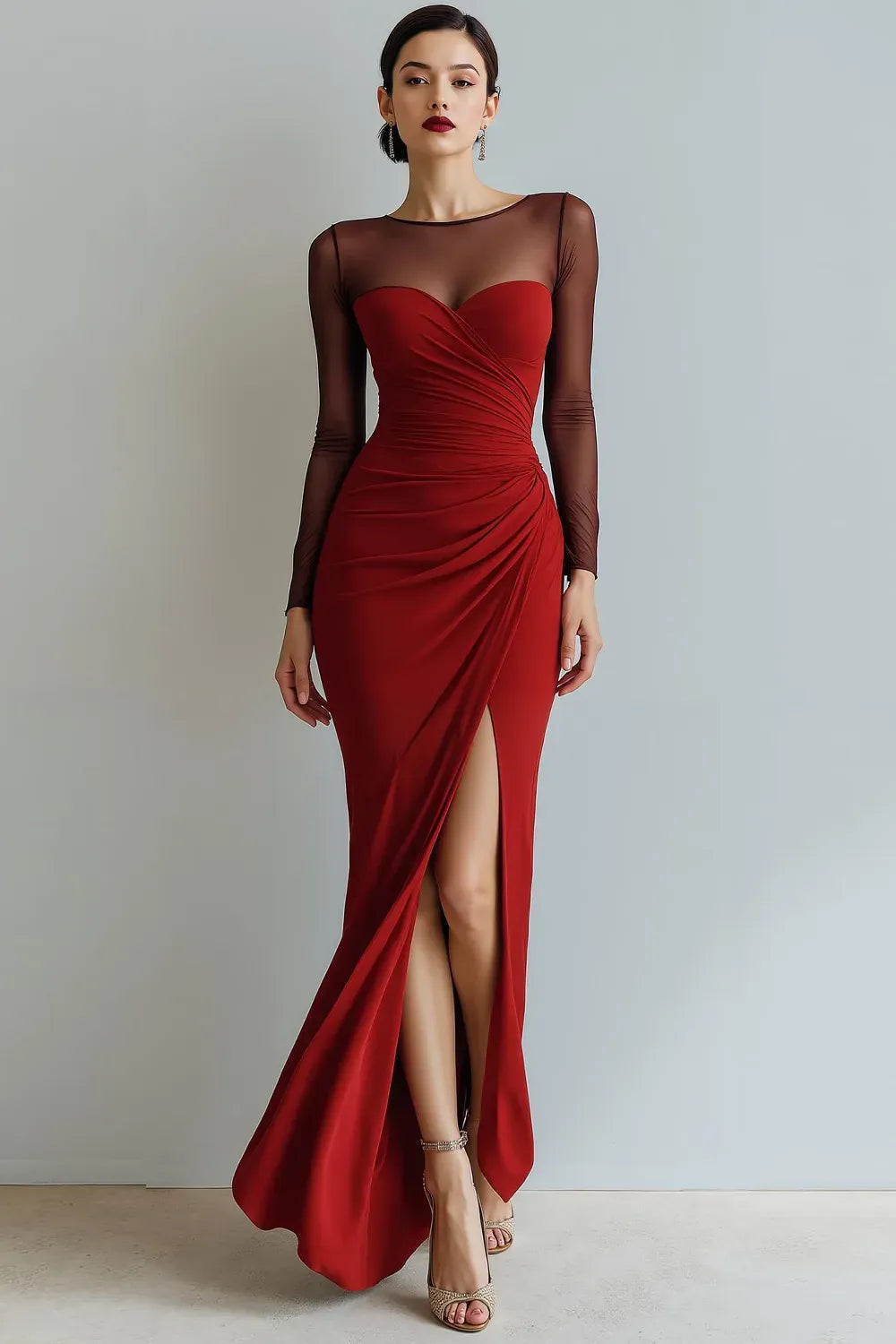 Elegant Sheath Illusion Neck Sheer Sleeves Closed Back Floor Length Evening Dress