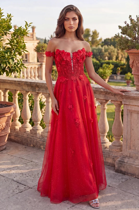 Loverlm red A-line prom dress with sweetheart neckline off-shoulder floral appliqué corset bodice and sparkling floor-length tulle skirt