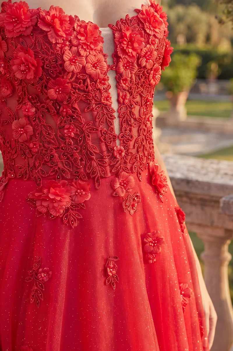 Romantic A-Line Sweetheart Off-Shoulder Floral V-Back Tulle Floor-Length Prom Dress