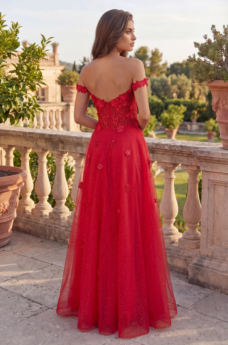 Romantic A-Line Sweetheart Off-Shoulder Floral V-Back Tulle Floor-Length Prom Dress
